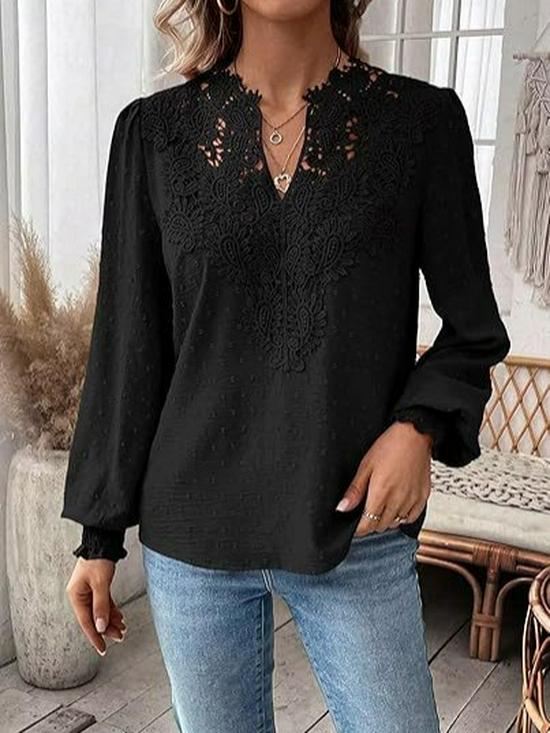 2025 Women's Fashion Lace V-Neck Long Sleeve Blouse