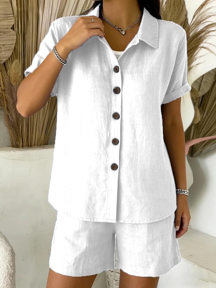 2026 European and American cross-border summer independent station Amazon s new casual button cotton and linen women s short-sleeved shirt set S