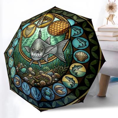 Marine Life Glass Pattern Umbrella, Portable and Foldable Design, 8 Ribs, a Casual Accessory for Halloween, Christmas, and Birthday Gifts.