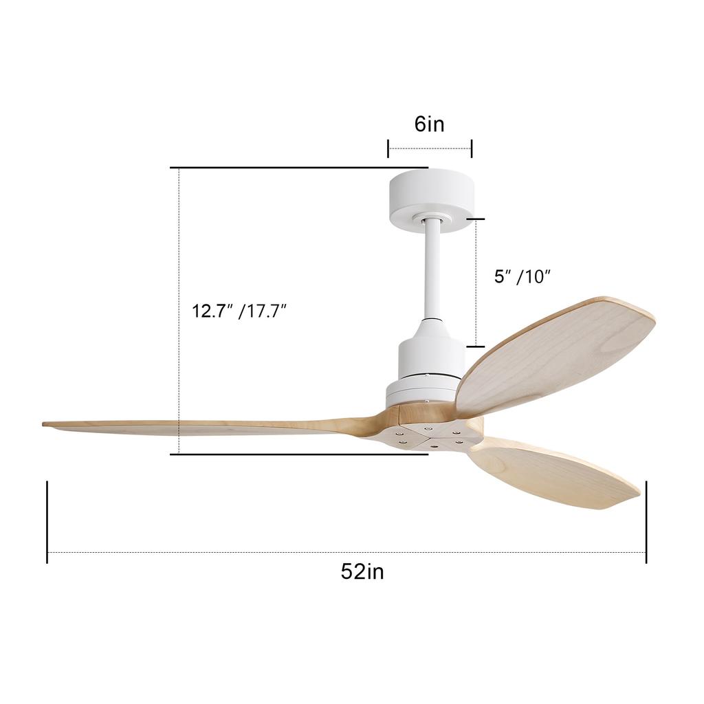Ventilatore da soffitto da 52 pollici senza illuminazione con pale in legno massello, 6 livelli di velocità e telecomando per patio e soggiorno