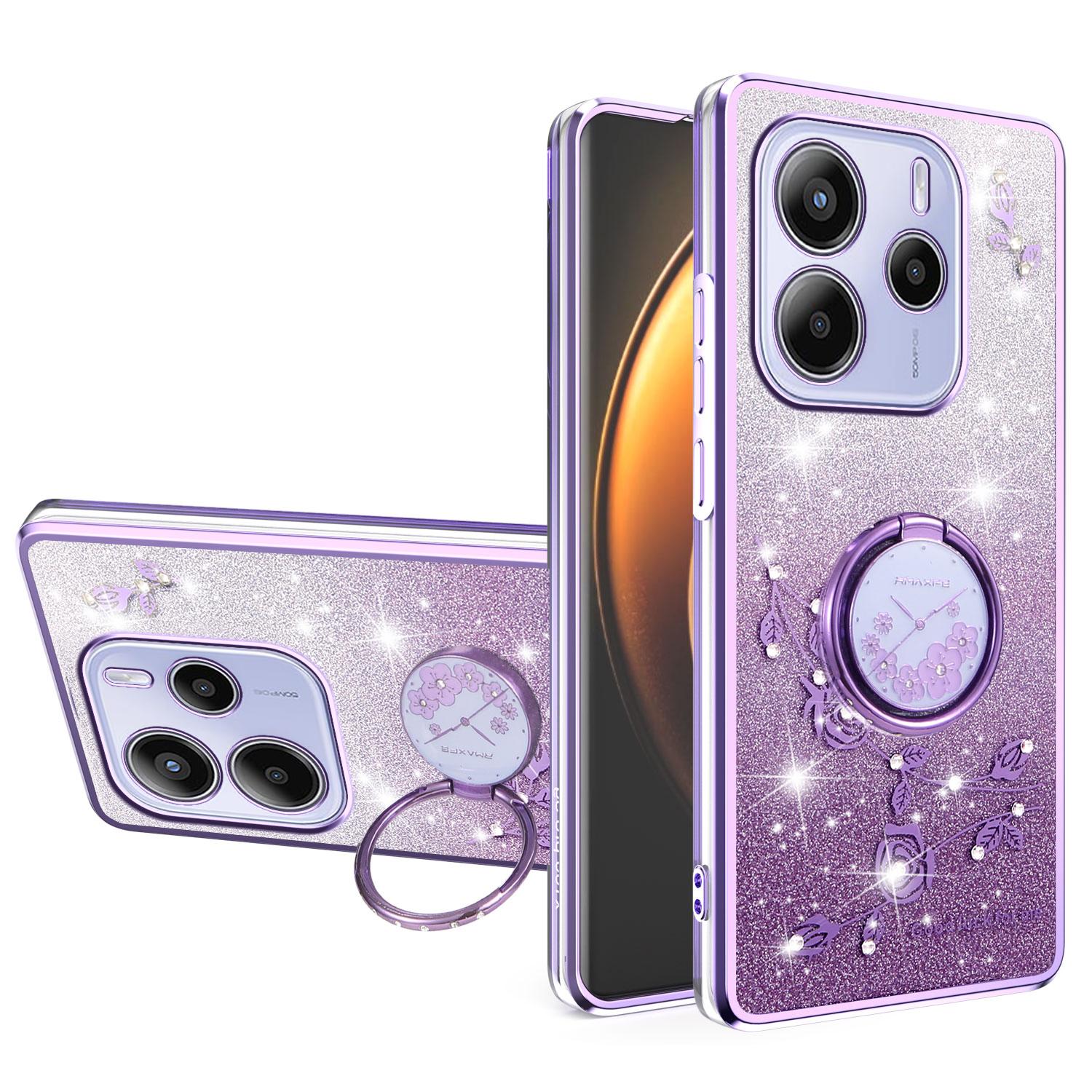 

KADEM For Xiaomi Redmi Note 14 4G (164.84mm) Case Ring Kickstand TPU Flowers Phone Cover Gradient Glitter Purple