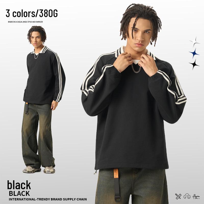 

Men s Striped Color Block Hoodie - 380g Pure Cotton, American Streetwear, Long Sleeve, Lapel Design for Autumn/Winter 2025 S чорний