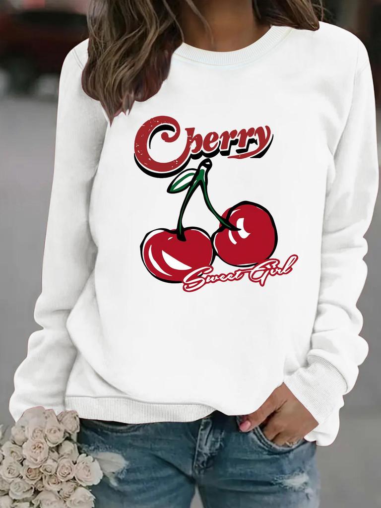 European and American Women's Casual Long-Sleeved Cherry Print Hoodie