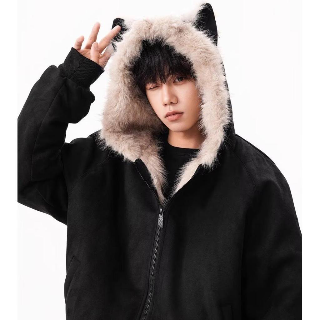 Unisex Winter Trendy Mountain Eagle Cotton Jacket with Thick Suede Plush Collar and Rabbit Ear Detail
