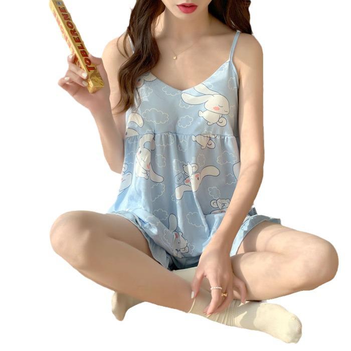 Ladies' Summer Padded Pajama Set: Bow & Suspenders Shorts, Casual Sports Style