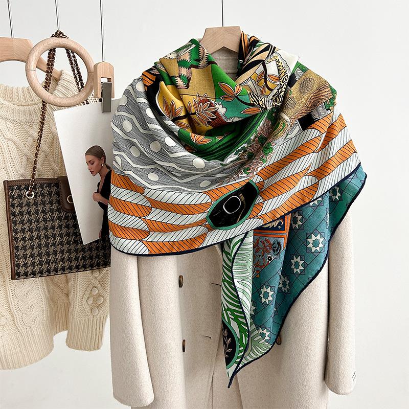 Autumn And Winter Warm Silk Wool Big Scarf For Women'S High End Double Sided Double Color Silk Wool Scarf Fashion Shawl