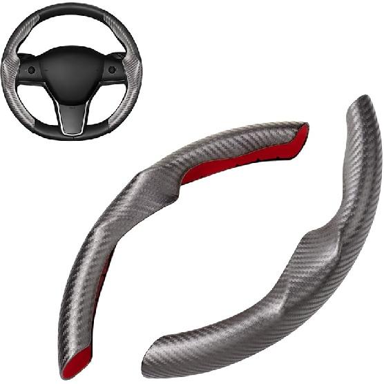 Grey Steering Wheel Cover For Tesla Model 3/Y 2016-2025 2026 Juniper/Highland | Non-Slip, Segmented, -Fit, Carbon Fiber | Model Y Juniper Accessories