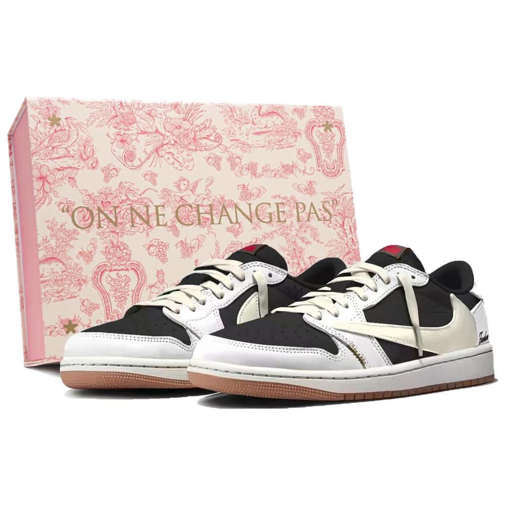 Jordan x Travis Scott Air Jordan 1 Cushioning Abrasion Resistant Low top Vintage Basketball Shoes Unisex White DZ4137-700(Team1803-3)