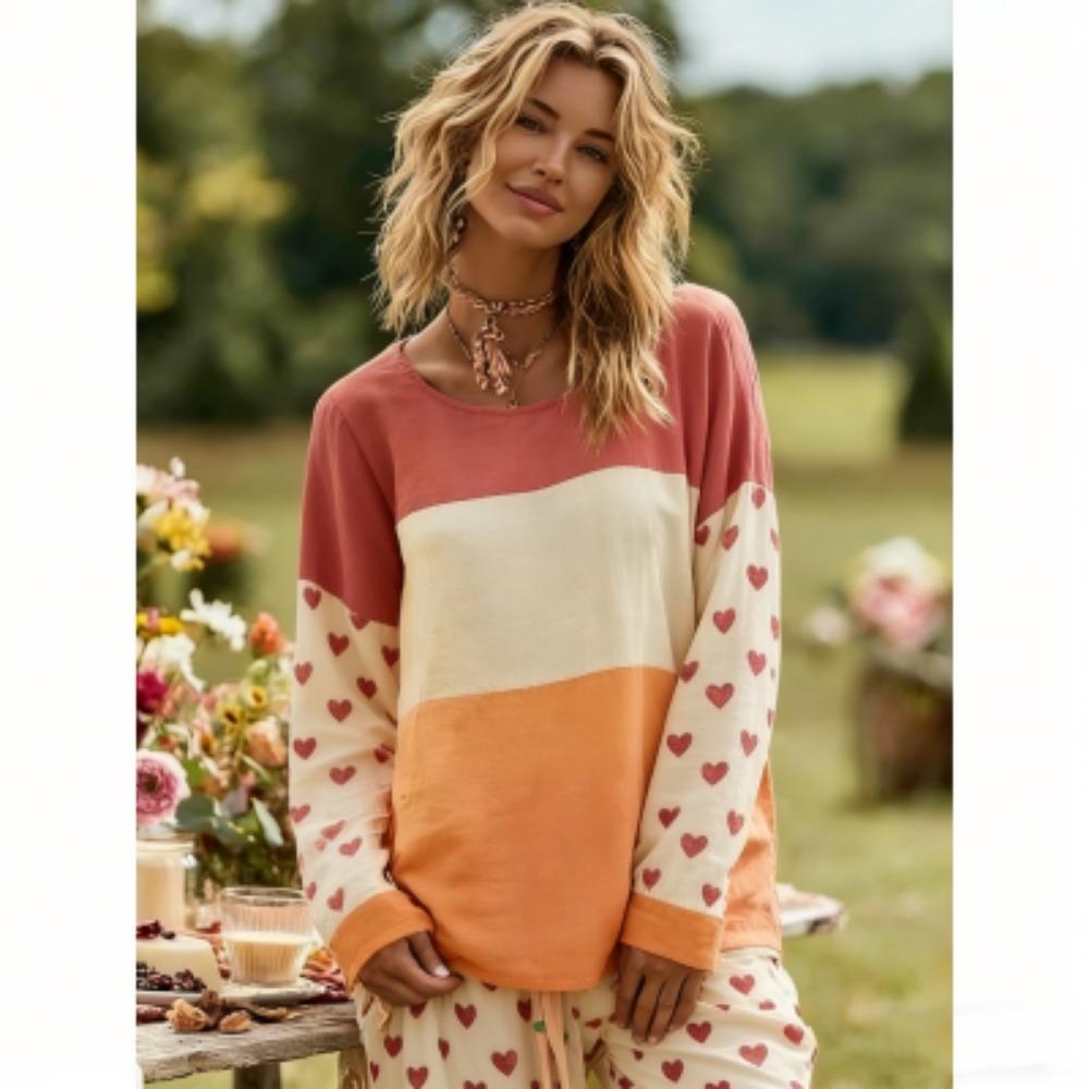 Fashion Splicing Colors Flower Print Women's T-shirt Pullover Europe America Women Long Sleeve Clothing Outdoor Casual Tees Top
