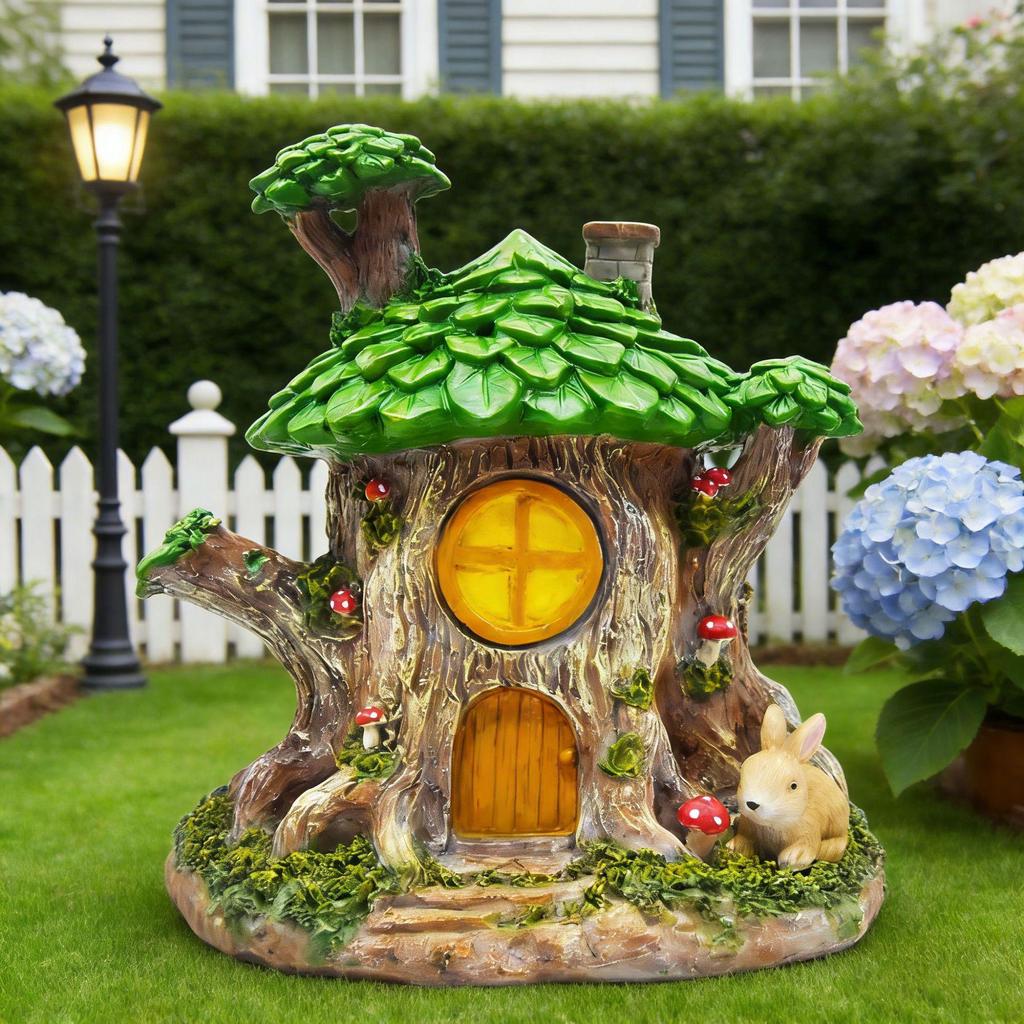 Fairy Tale Forest Resin Tree House Ornament - Mushroom, Rabbit & Micro Landscape Decoration for Garden & Balcony