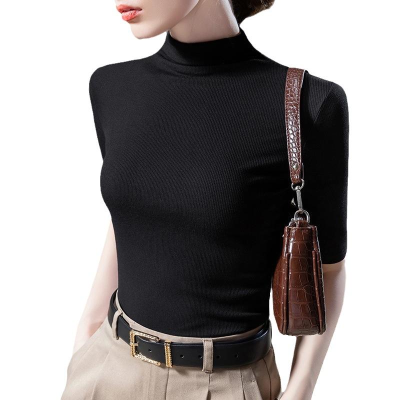 Neues Damen-T-Shirt mit halblangen Ärmeln für Damen Neues Damen-Unterhemd mit halbohem Kragen und taillierter Passform Fünf-Punkt-Ärmel Einfarbiges Oberteil