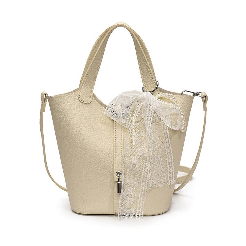 Simple Temperament Lychee Pattern Portable Bucket Bag Casual Light Luxury Solid Color High-end Messenger Bag Bag Female