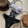Damen Einteiliger Badeanzug mit Print Bademode Tiefer V-Ausschnitt Monokini Body Rückenfreier Badeanzug Strandbekleidung Hochgeschnittener Badeanzug