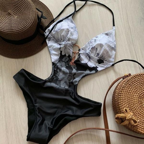 Damen Einteiliger Badeanzug mit Print Bademode Tiefer V-Ausschnitt Monokini Body Rückenfreier Badeanzug Strandbekleidung Hochgeschnittener Badeanzug