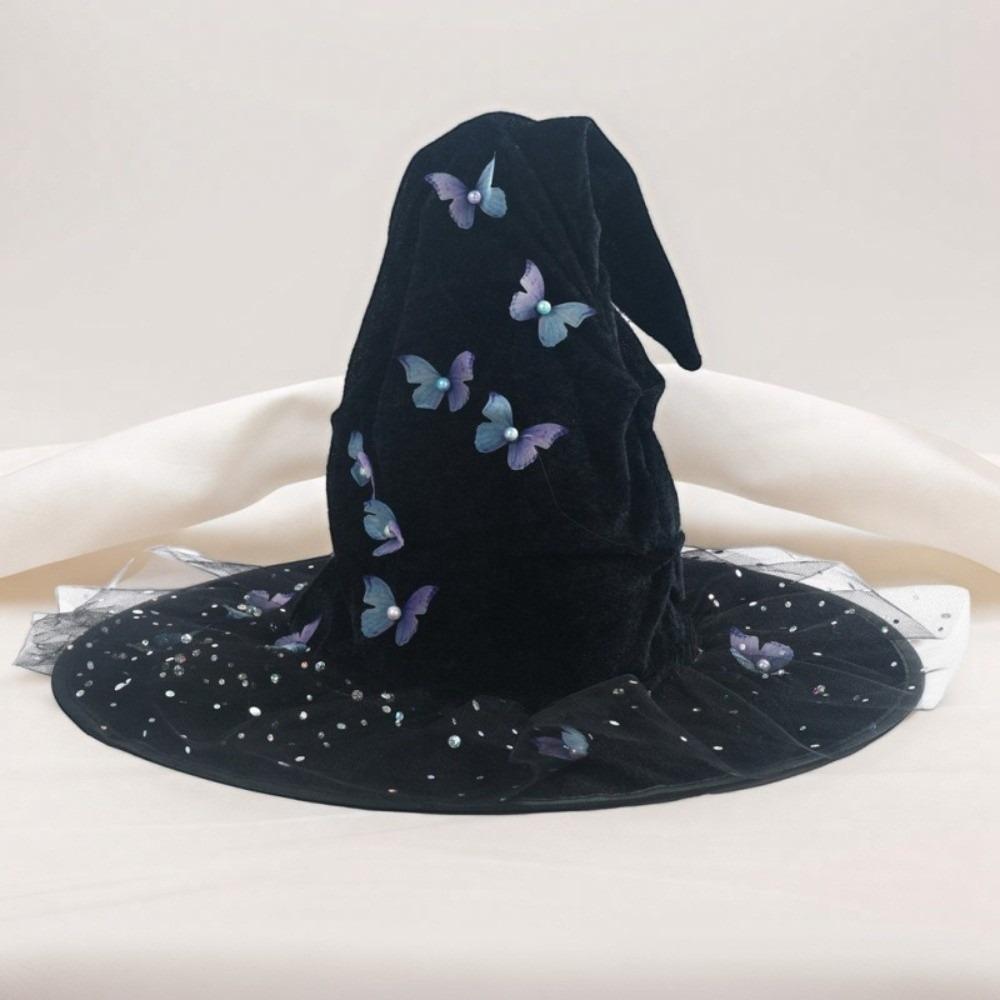 Mesh Halloween Witch Hat Black Halloween Black Cap Foldable Butterfly Wizard Cap  Masquerade