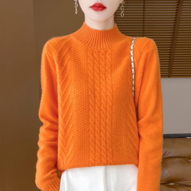 Women's Age-Reducing Loose Pure Wool Sweater, Half-High Collar, Thickened Knit Top for Autumn/Winter.