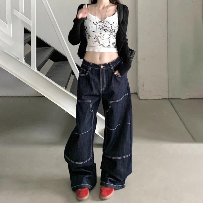 Unisex Retro Contrast Stitch Straight-Leg Denim Jeans 3XL темно-синий