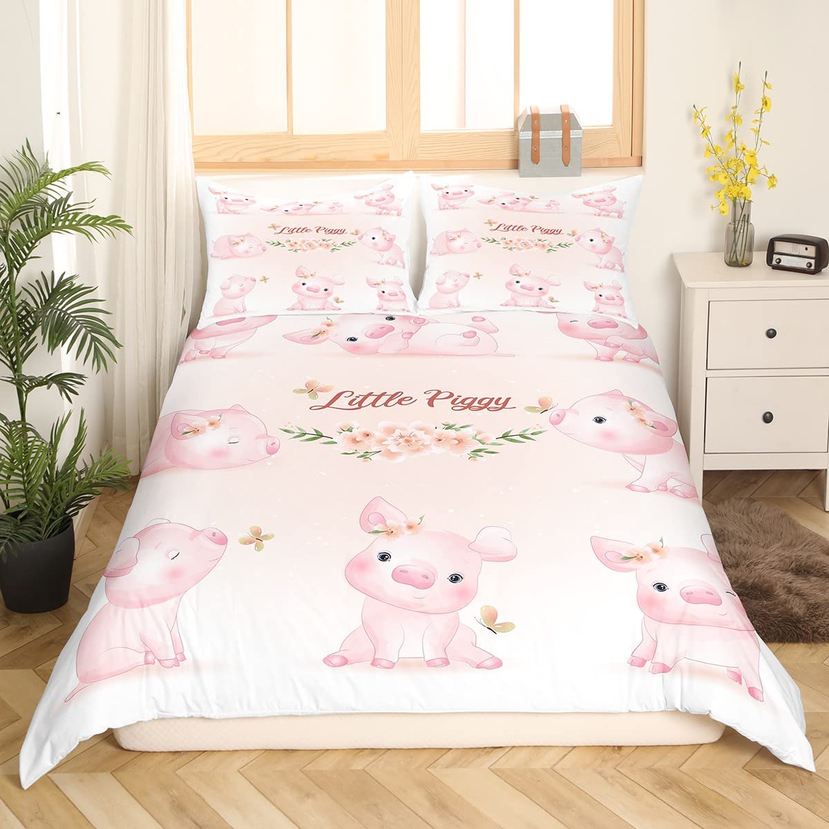 

Pig Duvet Cover King Twin Lovely Cartoon Piggy Comforter Cover,Girls Pink Bedding Set Kawaii Farm Animal Microfiber Quilt Cover EU Single(135x200cm)
