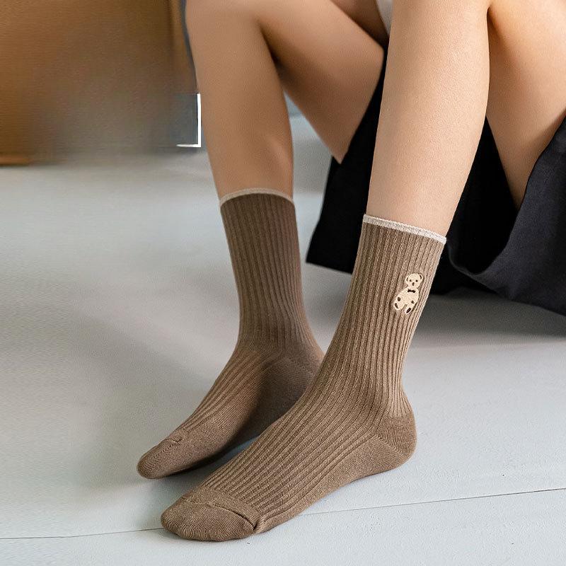 Women's Long Socks, Women's Pile Socks, Double-needle Embroidered Bear, Autumn and Winter Trendy Cotton Socks, Black and White Socks