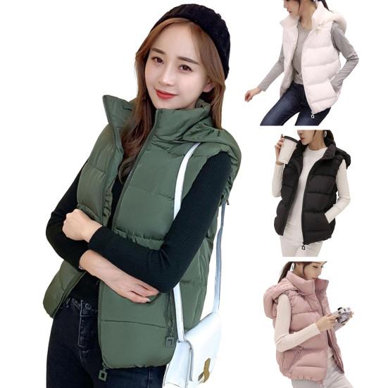 Women Winter Cotton Coat Hooded Neck Protection Thickened Padded Detachable Hood Short Type Windproof Zipper Pocket Zip-up Waistcoat