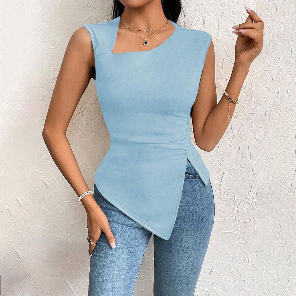 Ladies' Summer Elegant Fashion T-shirt Slant Neck Short Solid Color Top