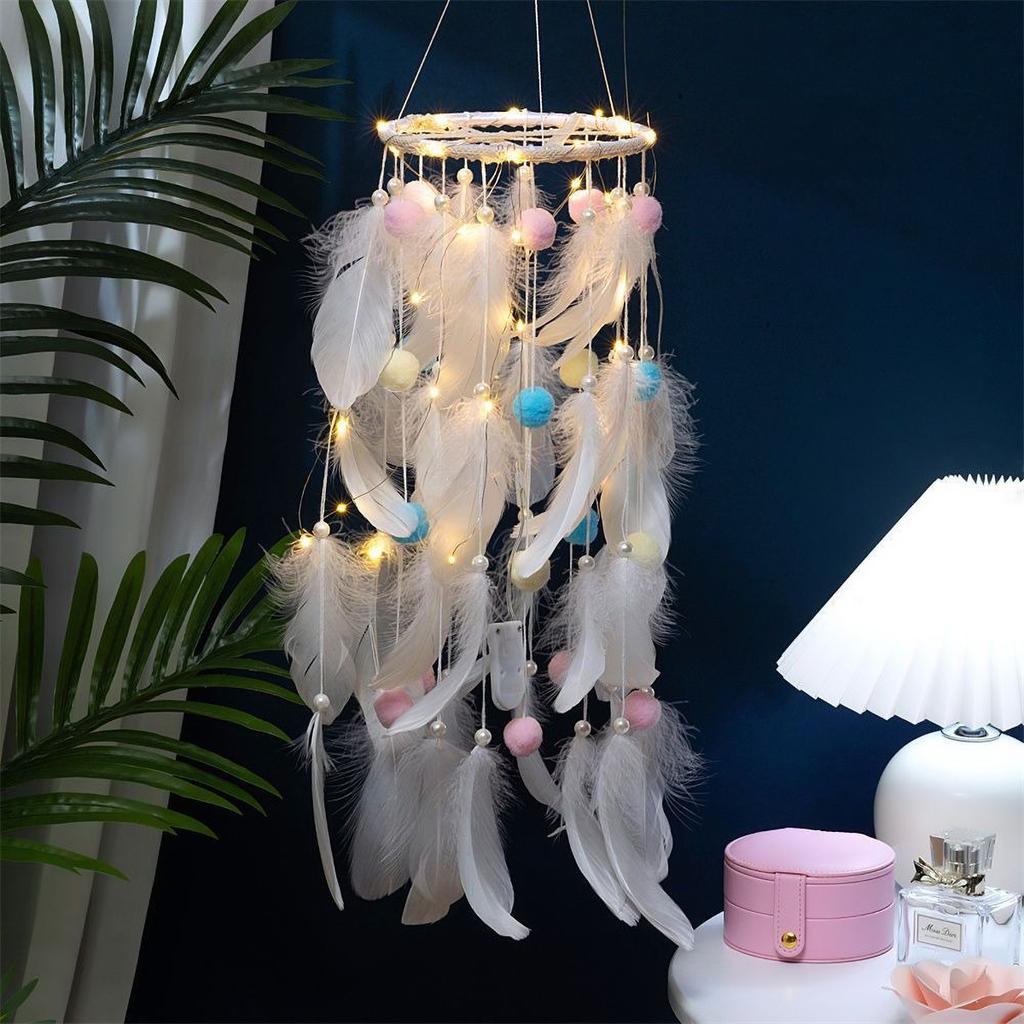 Sweet Circle Dreamcatcher - Feather & Bell Pendant for Girls Room, Playful Bedroom Accent