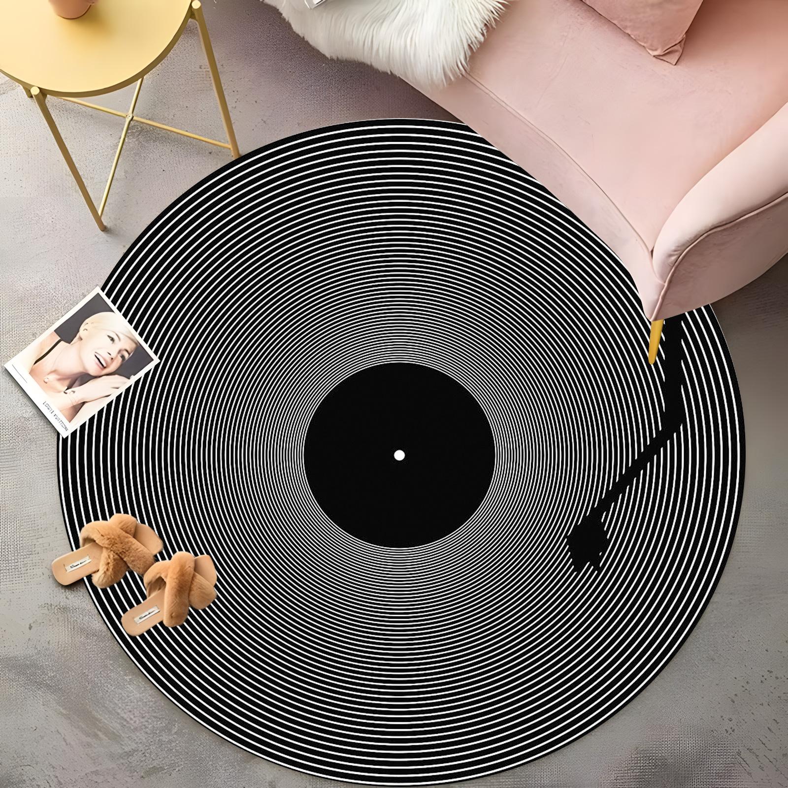 

Vinyl Record Round Rug - Realistic Turntable Carpet with Movable Tonearm,Black & White Music Lover Home Decor,Non-Slip Floor Mat 60cm