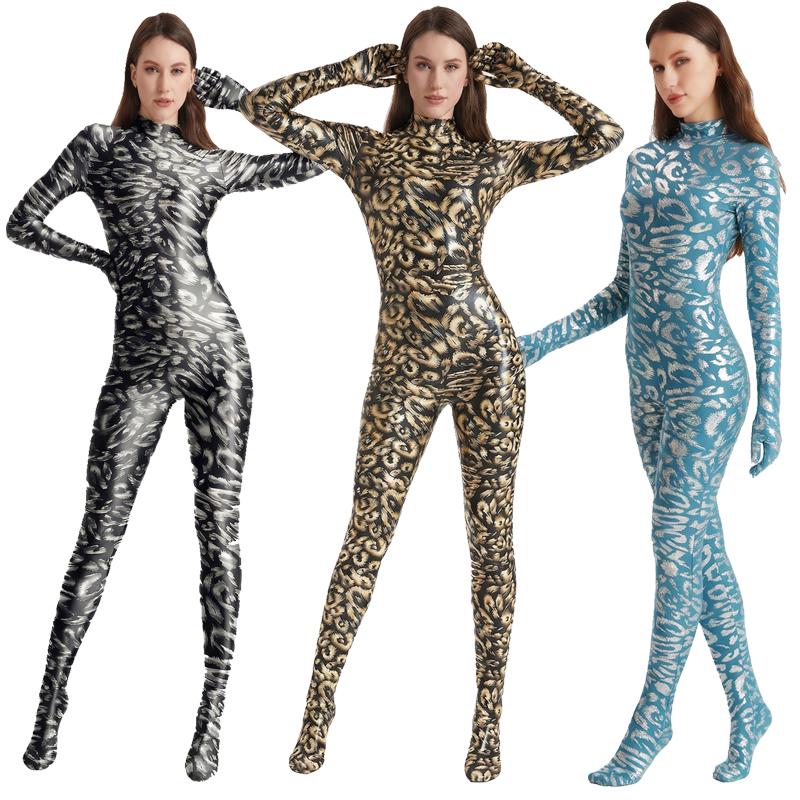 Tuta Integrale Zentai Donna Lucida Metallizzata Leopardata Pelle di Serpente Lycra ad Alta Elasticità Sexy Costume Cosplay Costumi da Bagno Yoga