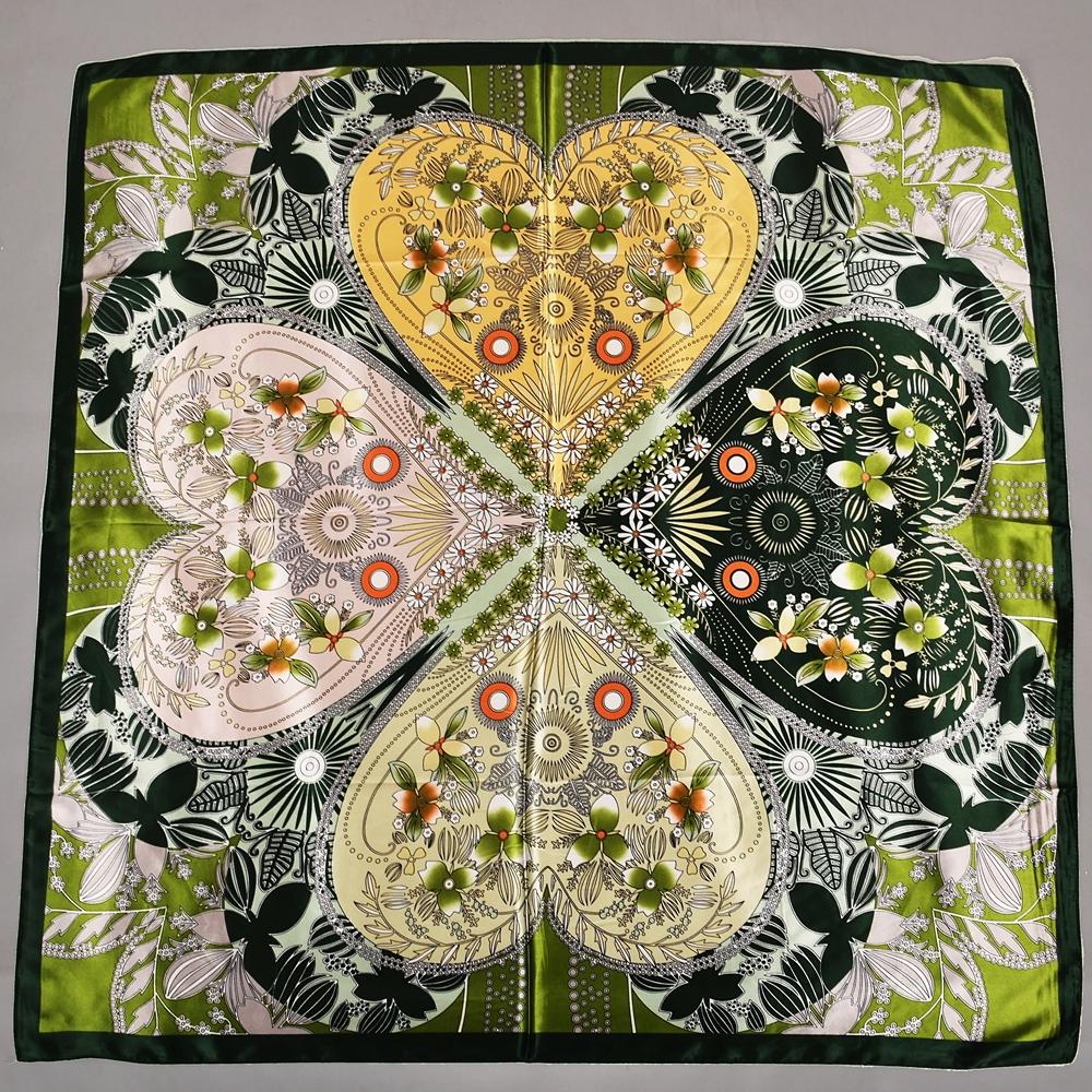 Bright Green Silk Scarf Cape Elegant Floral Design Satin Square Scarves Shawls 90*90cm Fashion Brand Silk Scarf Hijab