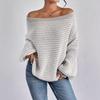 One-word neck knitted sweater versatile loose contrasting color striped lantern sleeve lazy wind sweater women's Europe and America