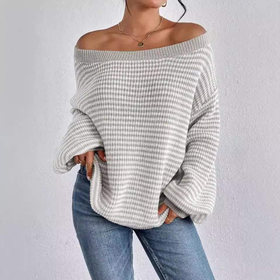One-word neck knitted sweater versatile loose contrasting color striped lantern sleeve lazy wind sweater women's Europe and America