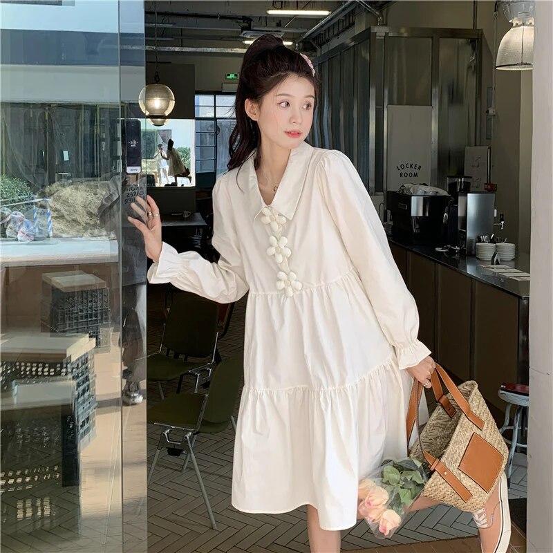 Dresses Women 3D Flower Y2k Autumn Hotsweet Korean Style Simple Long Sleeve High Street All-match Temperament Knee-length Daily