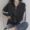 Women's Korean Style Spring/Summer Thin Black Baseball Jacket with Three Stripes - Loose Fit
