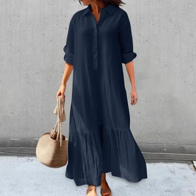 Damen Kleid Revers Langarm Rüschen Patchwork Plissee Locker A-Linie Großer Saum Halb Einreihig Knöchellang