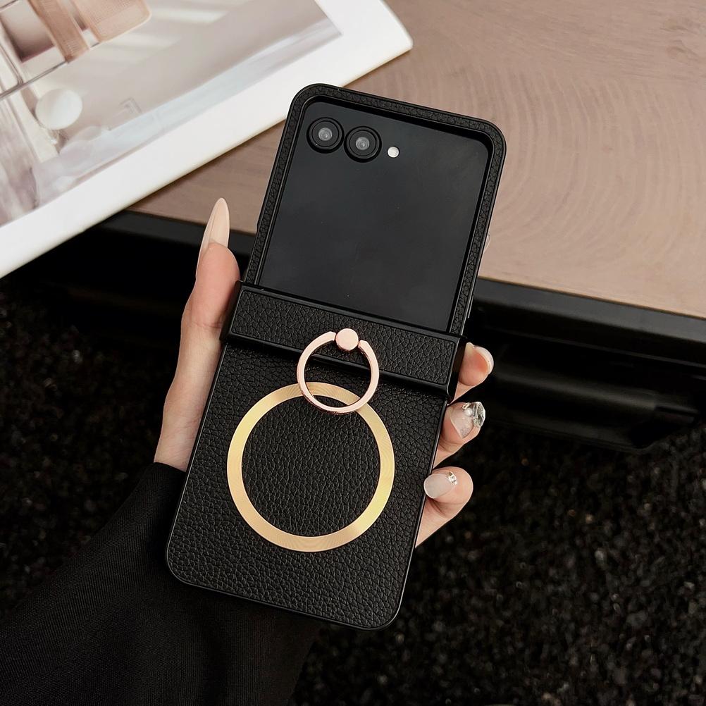 Lychee Plain Leather Metal Finger Ring and Magnetic Ring Case For Motorola Razr 60 Ultra razr60 Moto Razr 50 razr+ Cover