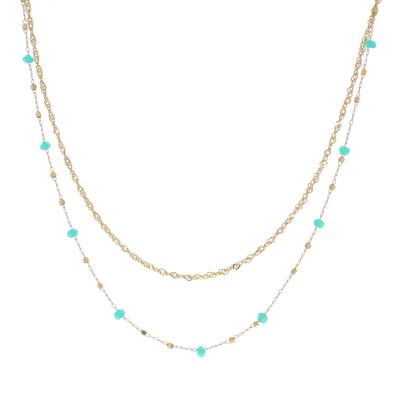 [R4444] - Gold Green 'Boho' Steel Designer Necklace (2 Rows) - 38/42 Cm - 4 Mm Pearls (amazonite)