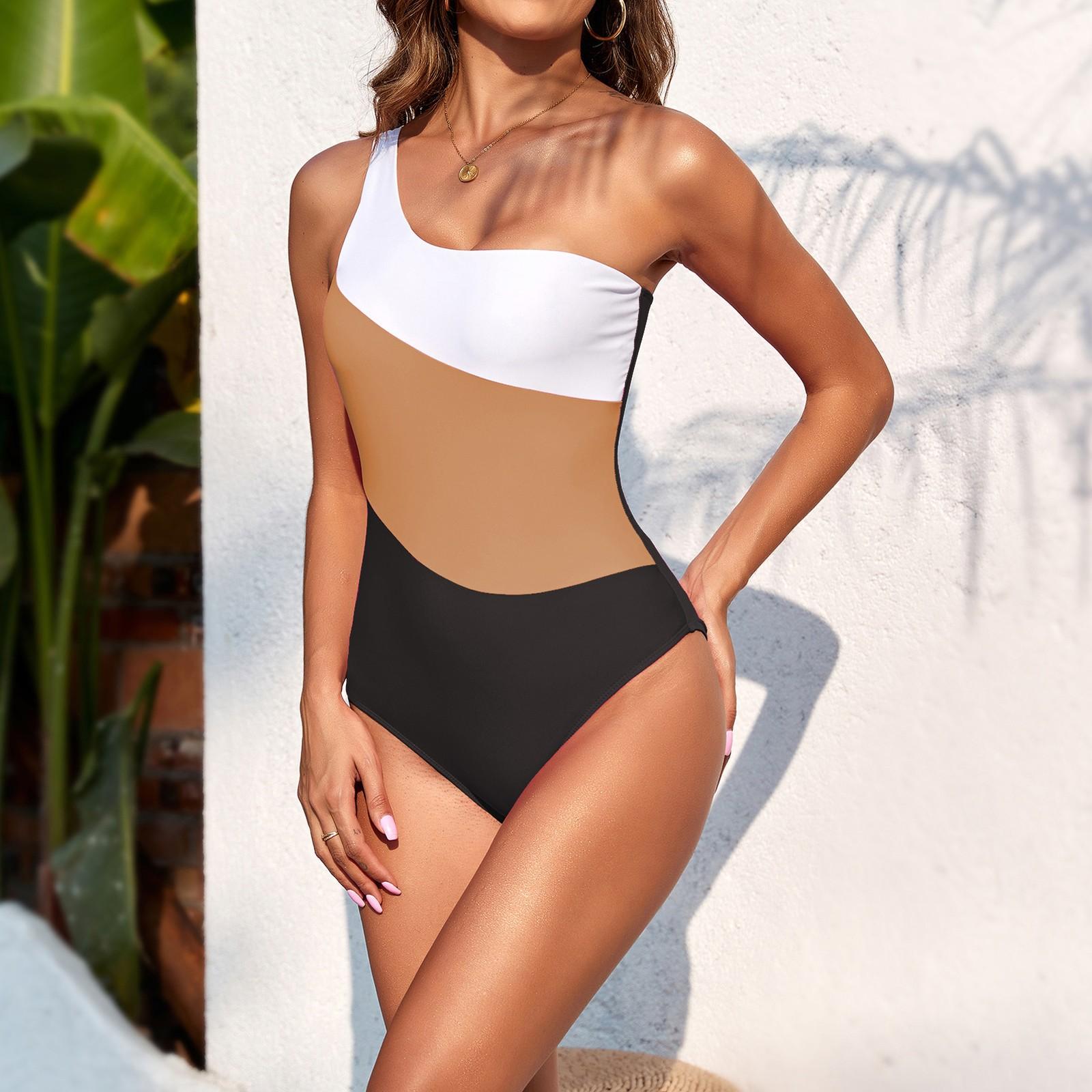 

Женский цельный купальник с цветными блоками, сексуальный купальник на одно плечо L кофейный