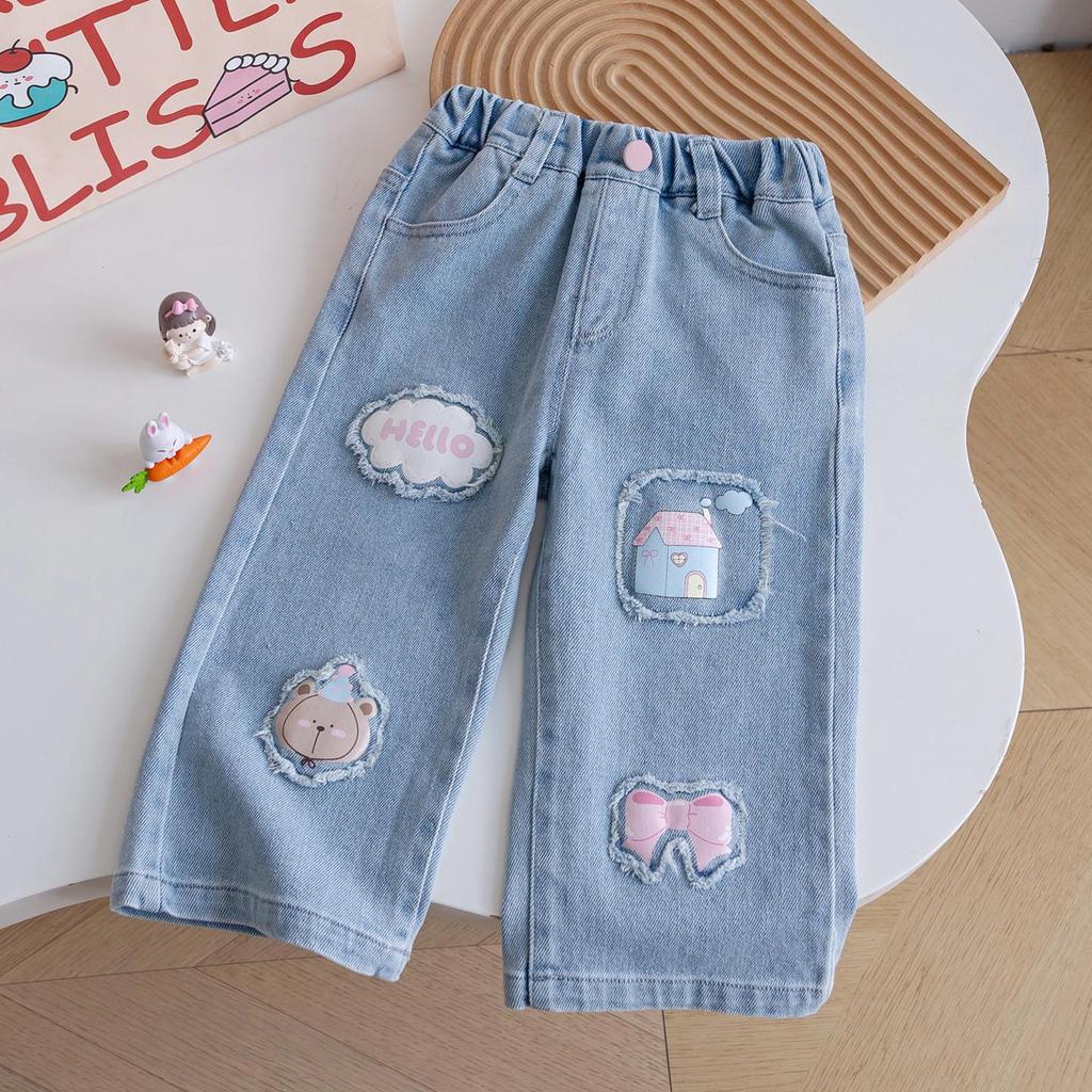 Mädchen Herbst Farbblock Bär Sweatshirt & Bestickte Weitbein-Jeans Set