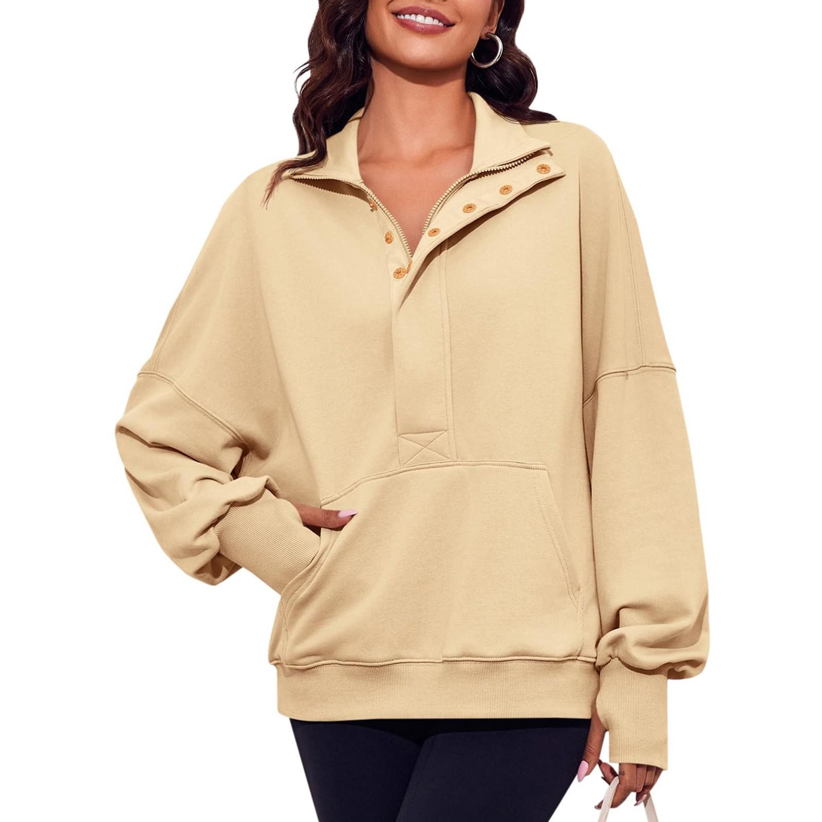 

Женские толстовки большого размера на молнии с половиной молнии, повседневные свободные пуловеры с длинными рукавами, туники, топы с карманом S бежевый