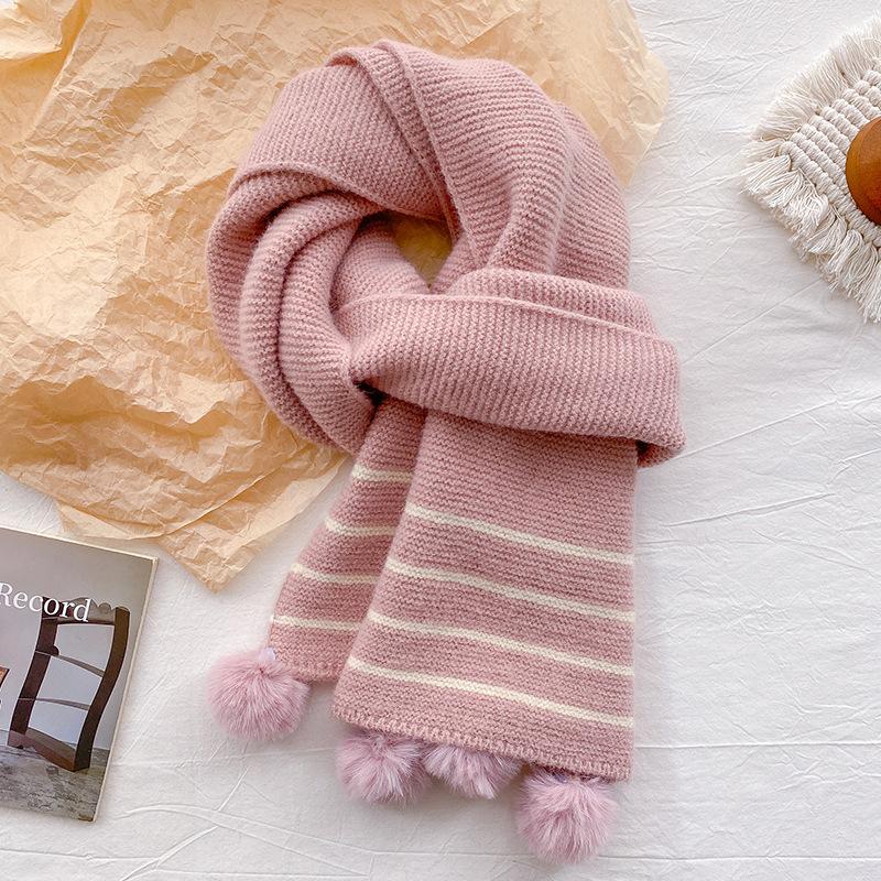 Striped Knitted Wool Scarf Women's Winter Red Hairball Scarf Warm Cute Girl Birthday Gift