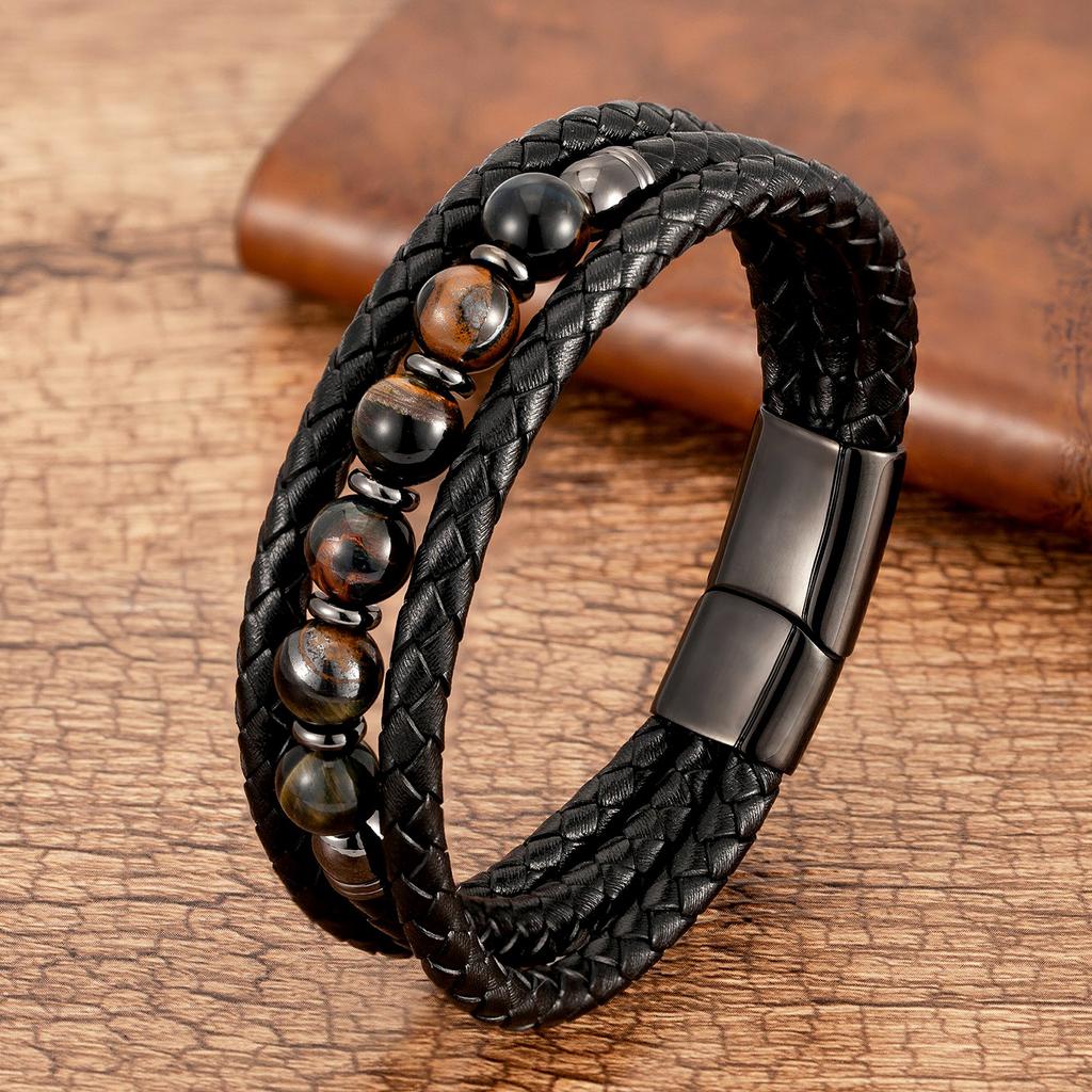 Trendy Multilayer Leather Bracelets For Men Women 9 Style Round Stone 8mm Beaded Jewelry Valentine Day Gifts