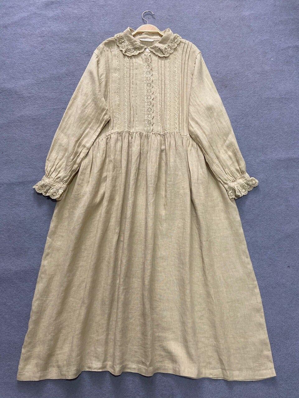 

Johnature винтажное льняное женское платье с отложным воротником и вышивкой для женщин, осенние японские свободные кружевные платья жёлтый