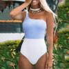 Women Swimwear Block Color One-Piece Swimsuit One Shoulder Bowknot Bathing Suit