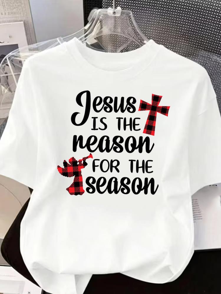 (Asian Size) letter sweet O-neck T Shirt Short Sleeve T-shirts Merry Christmas Fashion Women's Top Print Casual New Year Clothing Graphic Tee