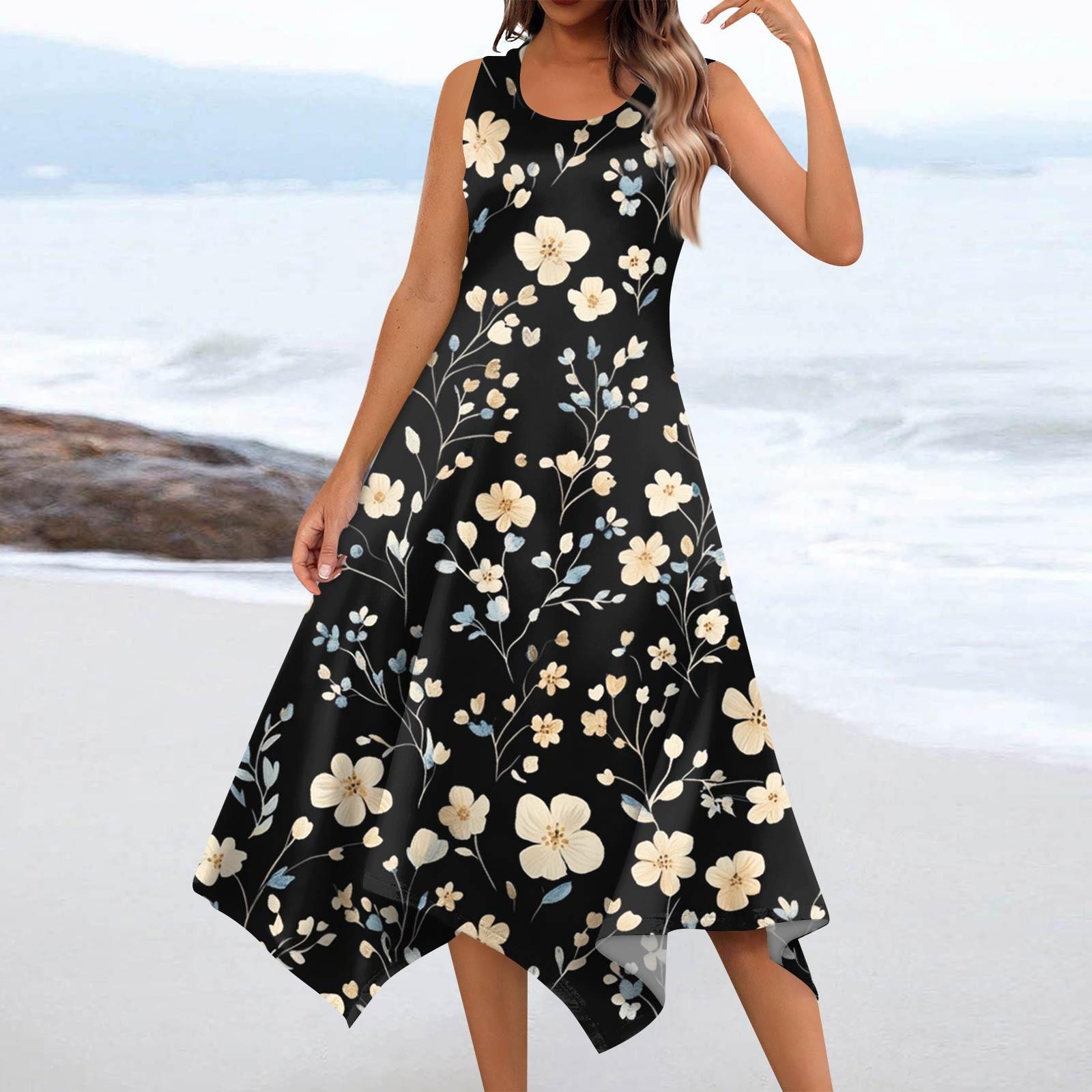 

Женское повседневное модное платье миди без рукавов с круглым вырезом и цветочным принтом, нерегулярный подол XXL чёрный