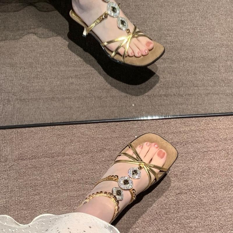 Luxury Crystal Women Sandals High Heels Square Toe Shoes Sexy Party 2025 Fashion Slippers Woman Slingback Summer New Dress Pumps
