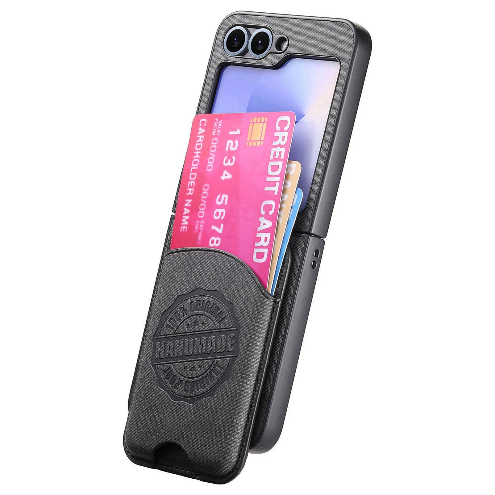 

For Samsung Galaxy Z Flip5 5G Case Compatible with MagSafe Denim Texture Leather Back Cover with Card Bag Grey