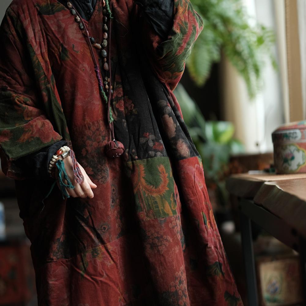 Johnature Women Patchwork Floral Pullover V-Neck Long Sleeve Warm Winter Chinese Style Female Dresses