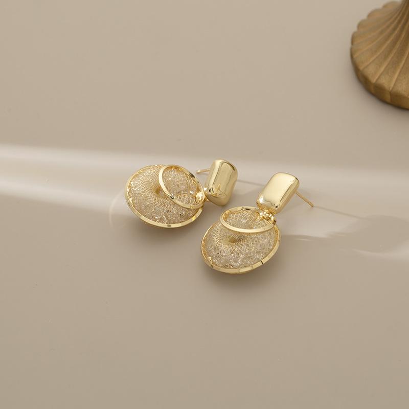 Geometric Wire Mesh Crystal Double Circle Earrings for Women Ladies Vintage Elegant Stud Earrings Banquet Jewelry Accessories