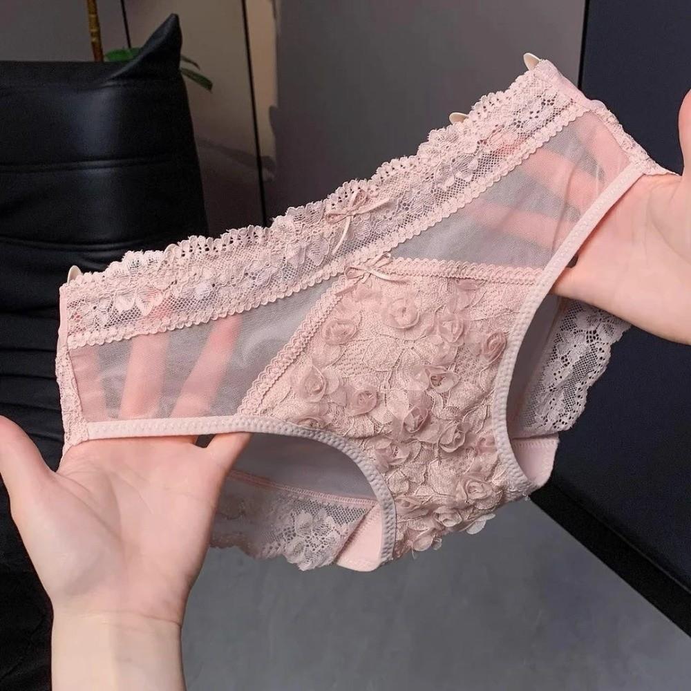 Sweet Bow Lace Flower Panties Seamless Patchwork Lace Mesh Briefs Transparent Low Waist Women Underwear Gifts